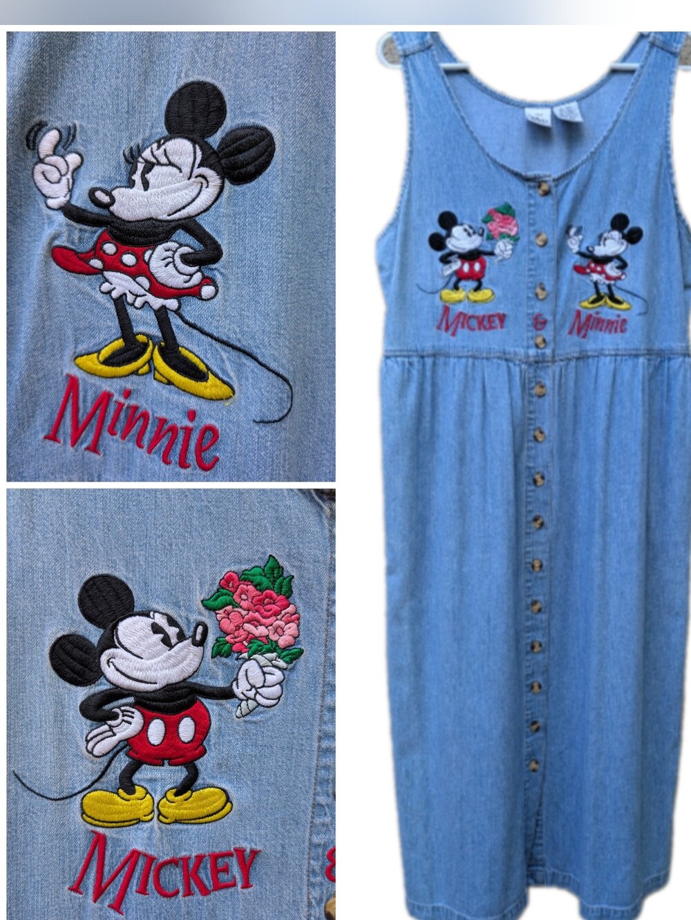 Vintage Disney Store Mickey Minnie Denim Jumper Dress Embroidered L